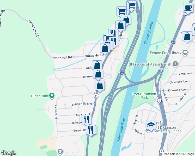 map of restaurants, bars, coffee shops, grocery stores, and more near 1029 Front Street in Binghamton