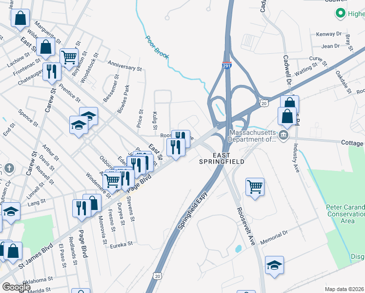 map of restaurants, bars, coffee shops, grocery stores, and more near 784 Page Boulevard in Springfield