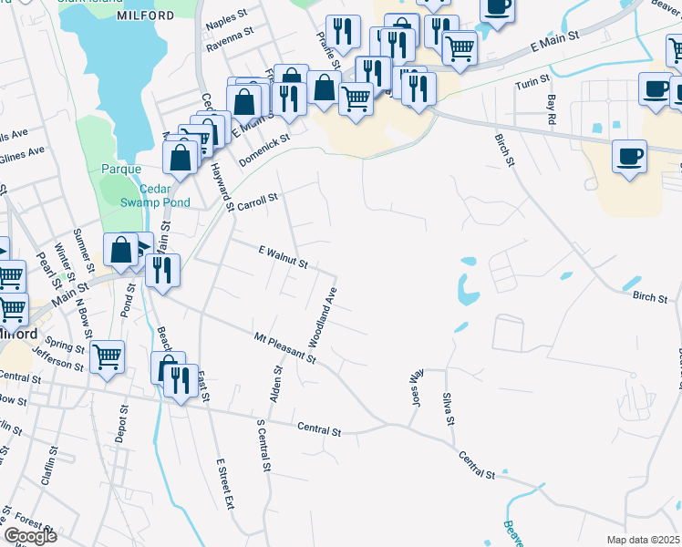 map of restaurants, bars, coffee shops, grocery stores, and more near 56 East Walnut Street in Milford