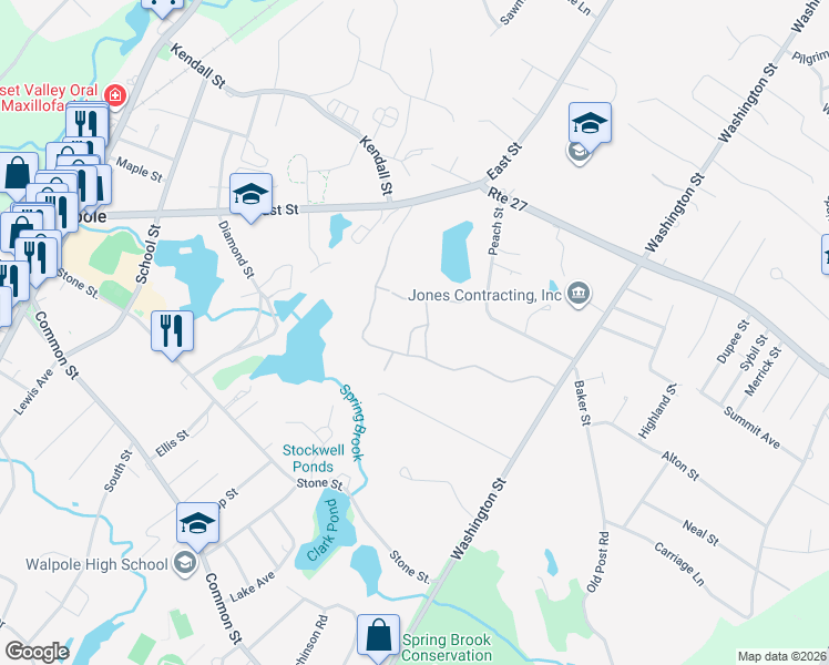 map of restaurants, bars, coffee shops, grocery stores, and more near 25 Rainbow Pond Drive in Walpole