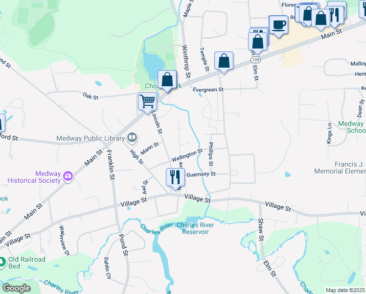 map of restaurants, bars, coffee shops, grocery stores, and more near 22 Norfolk Avenue in Medway