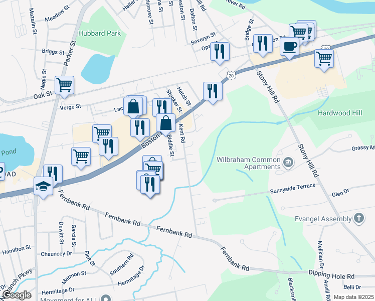 map of restaurants, bars, coffee shops, grocery stores, and more near 61 Kent Road in Springfield