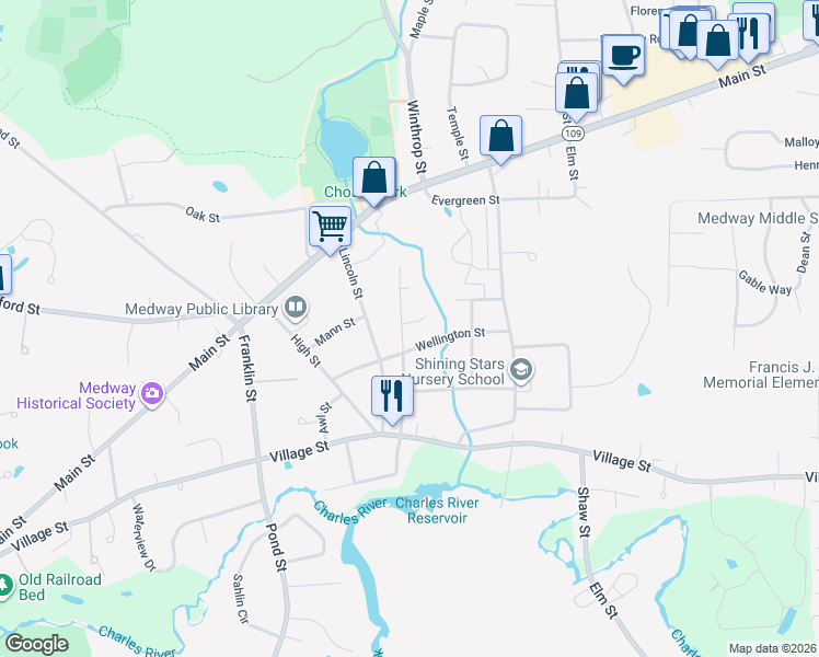map of restaurants, bars, coffee shops, grocery stores, and more near 22 Norfolk Avenue in Medway