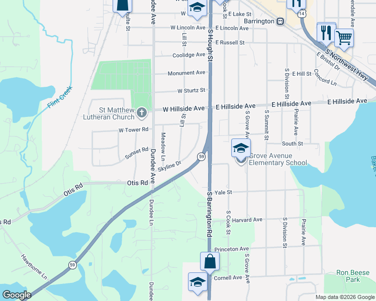 map of restaurants, bars, coffee shops, grocery stores, and more near 809 Lill Street in Barrington