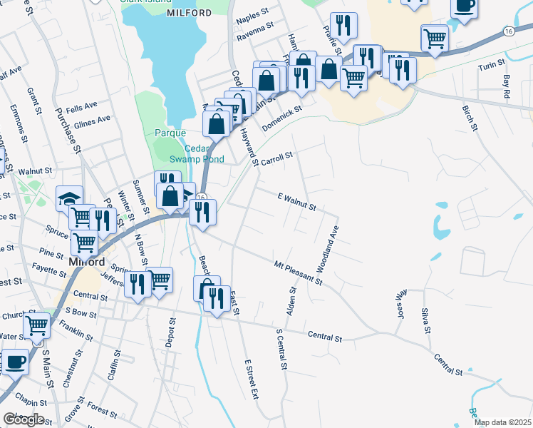 map of restaurants, bars, coffee shops, grocery stores, and more near 8 Jen Paul Way in Milford