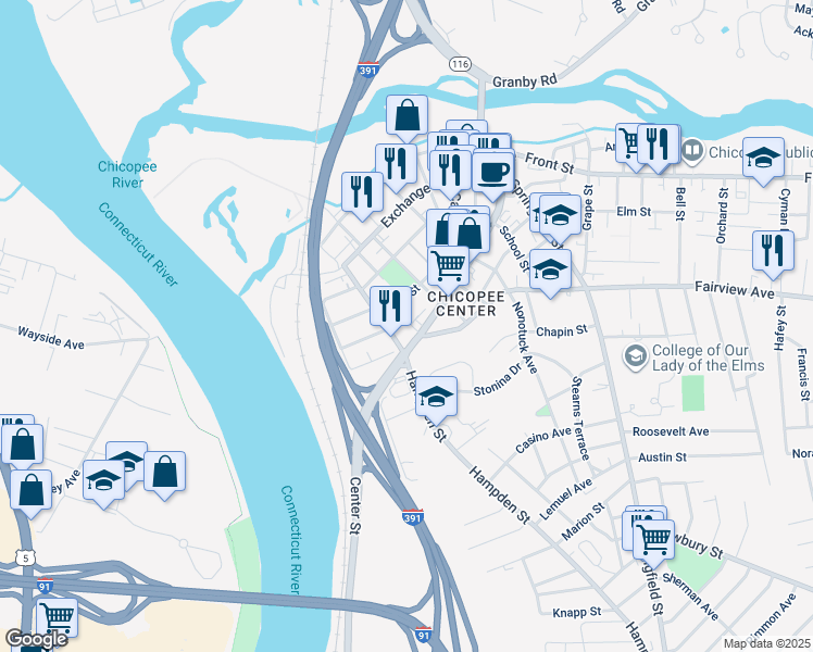 map of restaurants, bars, coffee shops, grocery stores, and more near 206 Center Street in Chicopee
