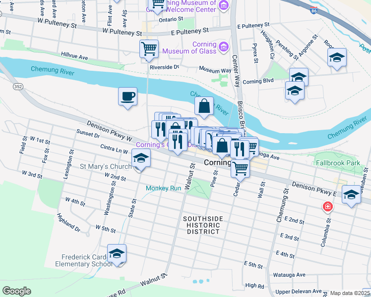 map of restaurants, bars, coffee shops, grocery stores, and more near 86 West Market Street in Corning
