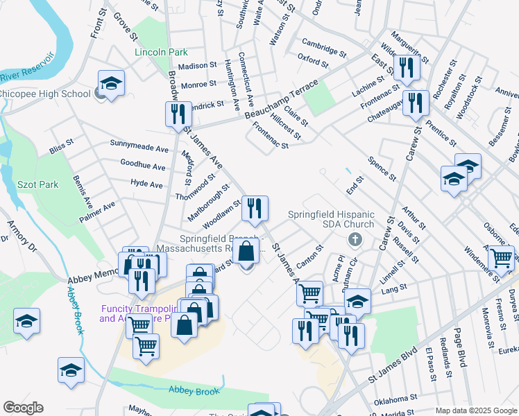 map of restaurants, bars, coffee shops, grocery stores, and more near 193 Saint James Avenue in Chicopee