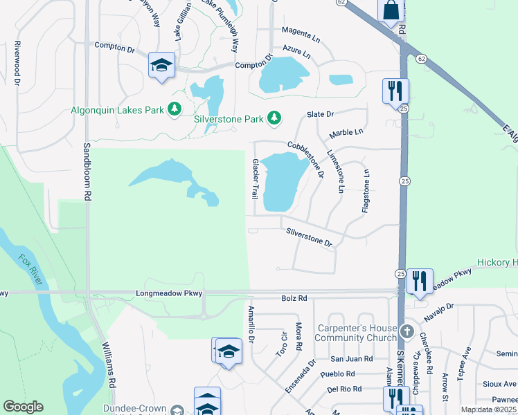 map of restaurants, bars, coffee shops, grocery stores, and more near 1504 Glacier Trail in Carpentersville