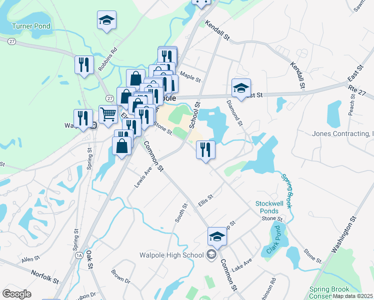 map of restaurants, bars, coffee shops, grocery stores, and more near 71 Stone Street in Walpole