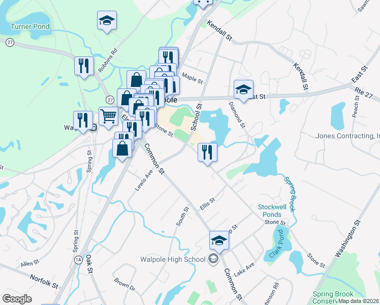 map of restaurants, bars, coffee shops, grocery stores, and more near 222 School Street in Walpole