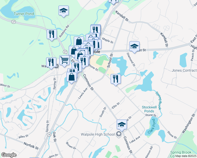 map of restaurants, bars, coffee shops, grocery stores, and more near 229 School Street in Walpole