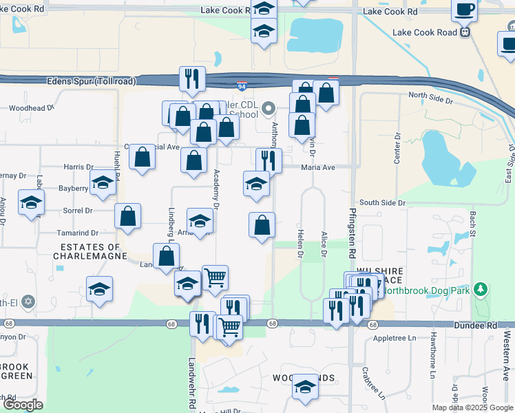map of restaurants, bars, coffee shops, grocery stores, and more near 636 Anthony Trail in Northbrook
