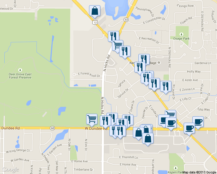map of restaurants, bars, coffee shops, grocery stores, and more near 1833 North Hicks Road in Palatine