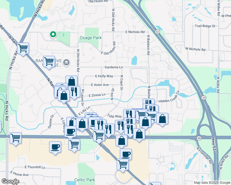 map of restaurants, bars, coffee shops, grocery stores, and more near 1818 North Capri Drive in Palatine