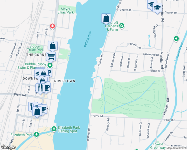 map of restaurants, bars, coffee shops, grocery stores, and more near 22442 West River Road in Grosse Ile Township