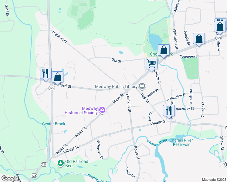 map of restaurants, bars, coffee shops, grocery stores, and more near 5 Milford Street in Medway