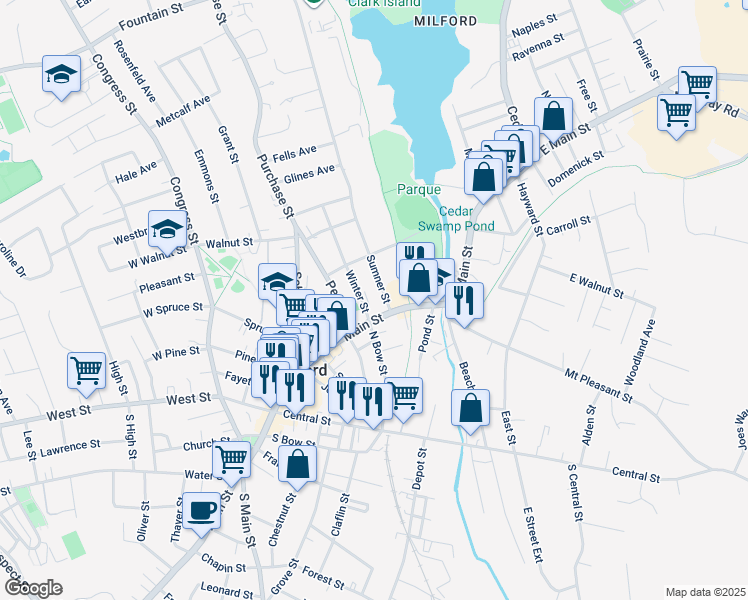 map of restaurants, bars, coffee shops, grocery stores, and more near 9 Sumner Street in Milford