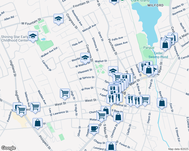 map of restaurants, bars, coffee shops, grocery stores, and more near in Milford