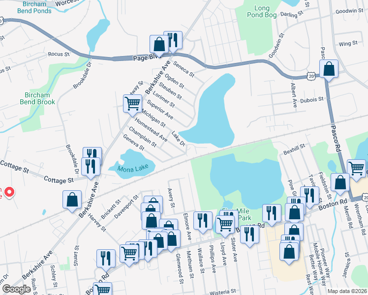 map of restaurants, bars, coffee shops, grocery stores, and more near 66 Lake Drive in Springfield