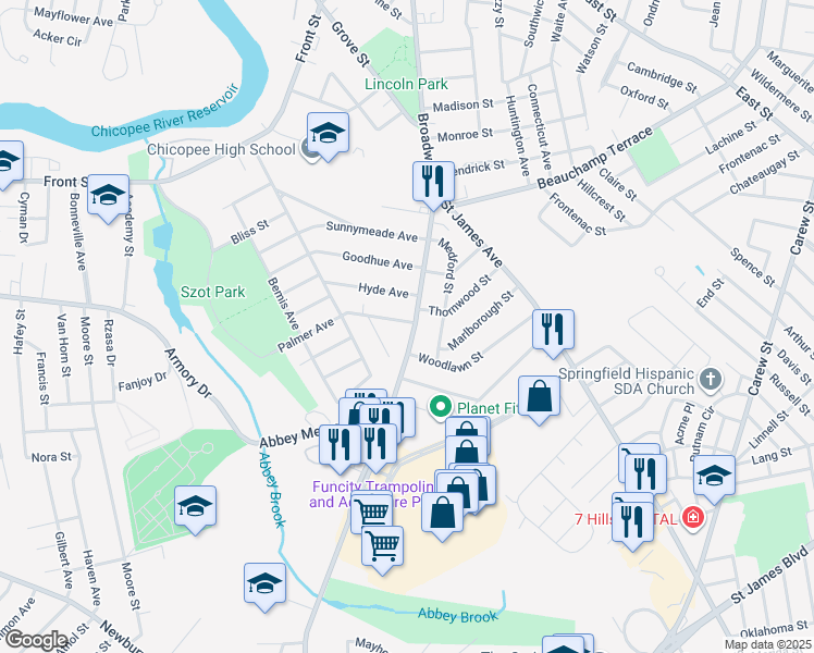 map of restaurants, bars, coffee shops, grocery stores, and more near 518 Broadway Street in Chicopee