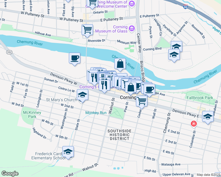 map of restaurants, bars, coffee shops, grocery stores, and more near 86 West Market Street in Corning