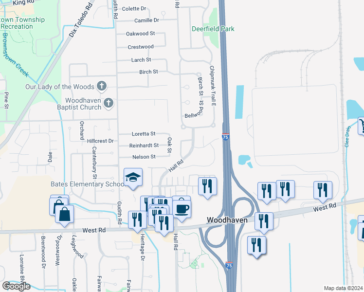 map of restaurants, bars, coffee shops, grocery stores, and more near 22312 Glenwood Lane in Trenton