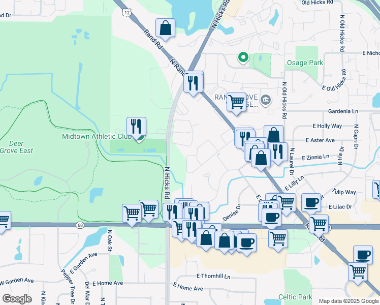 map of restaurants, bars, coffee shops, grocery stores, and more near 460 East Osage Lane in Palatine