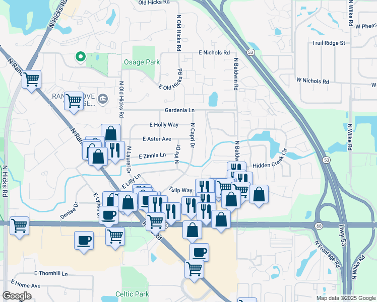 map of restaurants, bars, coffee shops, grocery stores, and more near 1818 North Capri Drive in Palatine