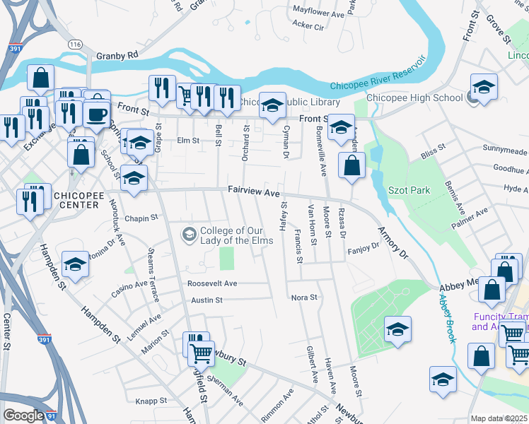 map of restaurants, bars, coffee shops, grocery stores, and more near 37 Saratoga Avenue in Chicopee