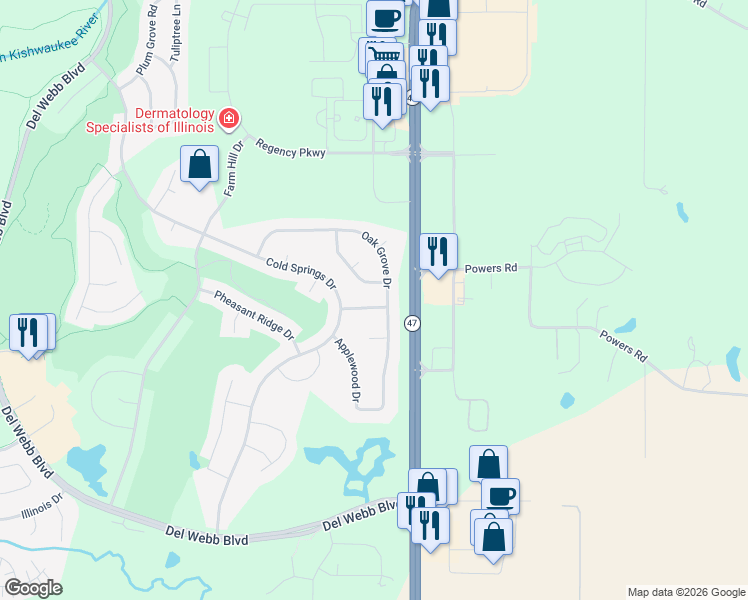 map of restaurants, bars, coffee shops, grocery stores, and more near 12777 Horseshoe Trail in Huntley