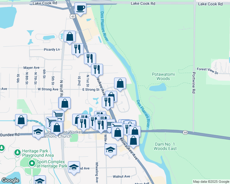 map of restaurants, bars, coffee shops, grocery stores, and more near 297 Kingswood Lane in Wheeling