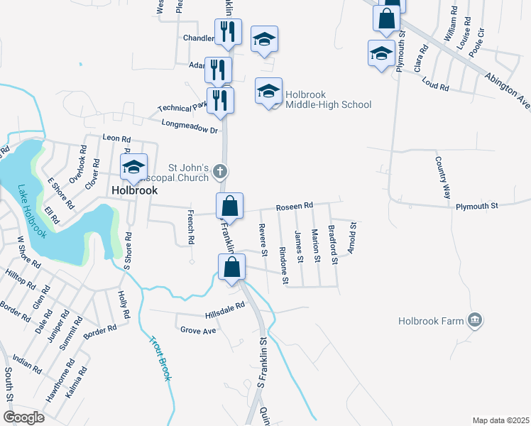 map of restaurants, bars, coffee shops, grocery stores, and more near 3 Rindone Street in Holbrook
