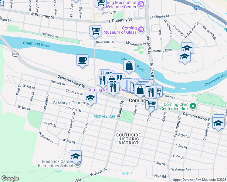 map of restaurants, bars, coffee shops, grocery stores, and more near 86 West Market Street in Corning