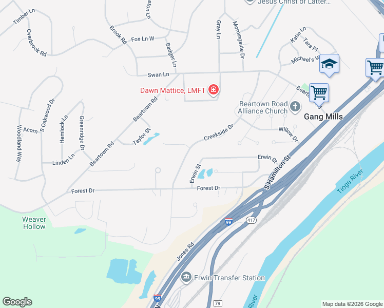 map of restaurants, bars, coffee shops, grocery stores, and more near 121 Creekside Drive in Painted Post