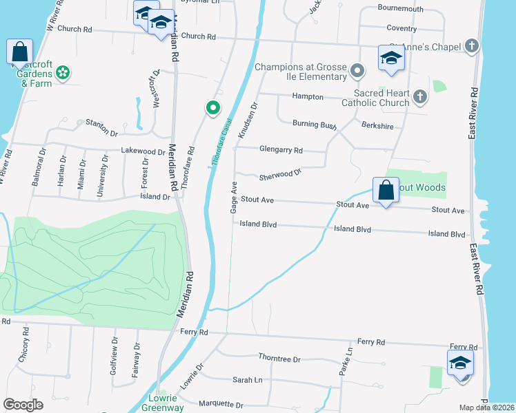 map of restaurants, bars, coffee shops, grocery stores, and more near 8647 Stout Ave in Grosse Ile Township