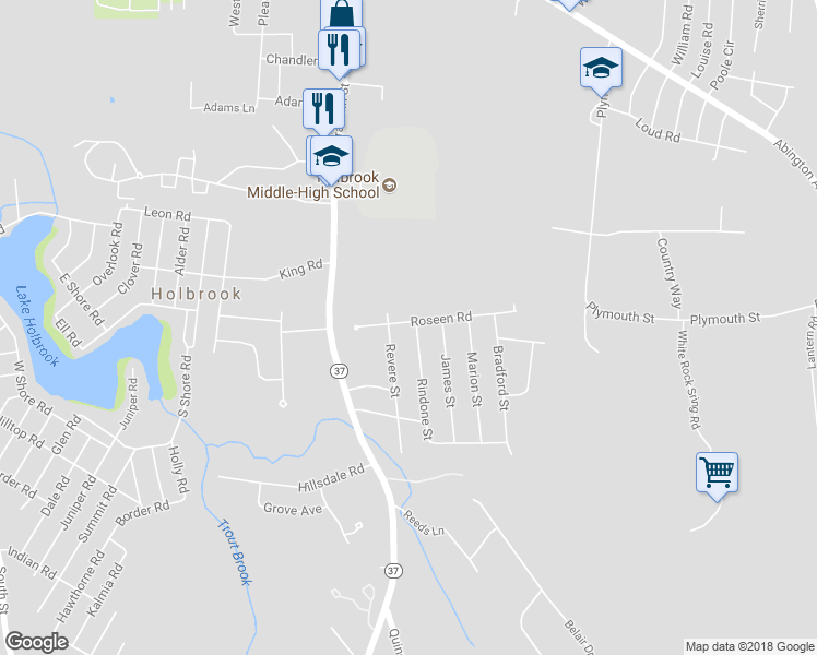 map of restaurants, bars, coffee shops, grocery stores, and more near 3 Rindone Street in Holbrook