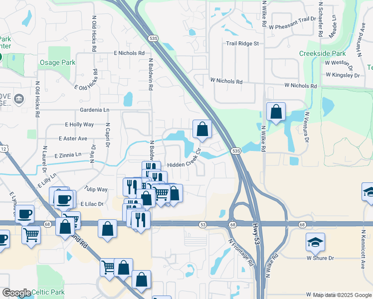 map of restaurants, bars, coffee shops, grocery stores, and more near 1448 Whispering Spring Circle in Palatine