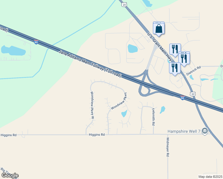map of restaurants, bars, coffee shops, grocery stores, and more near 46W425 Woodview Parkway in Hampshire