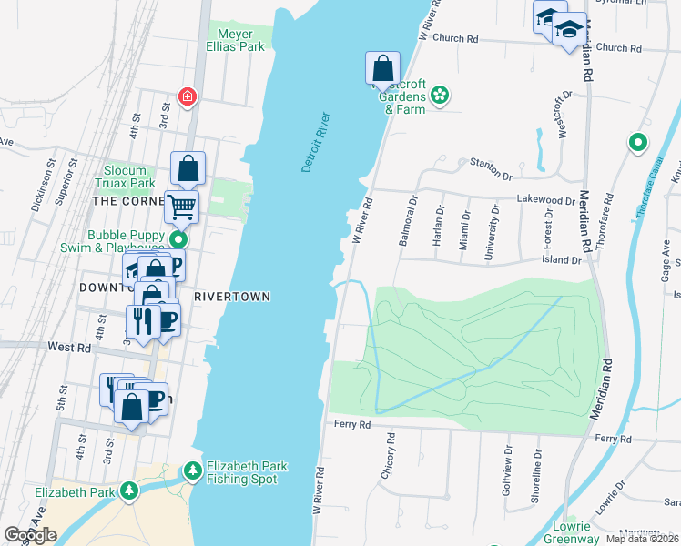 map of restaurants, bars, coffee shops, grocery stores, and more near 22442 West River Road in Wayne County