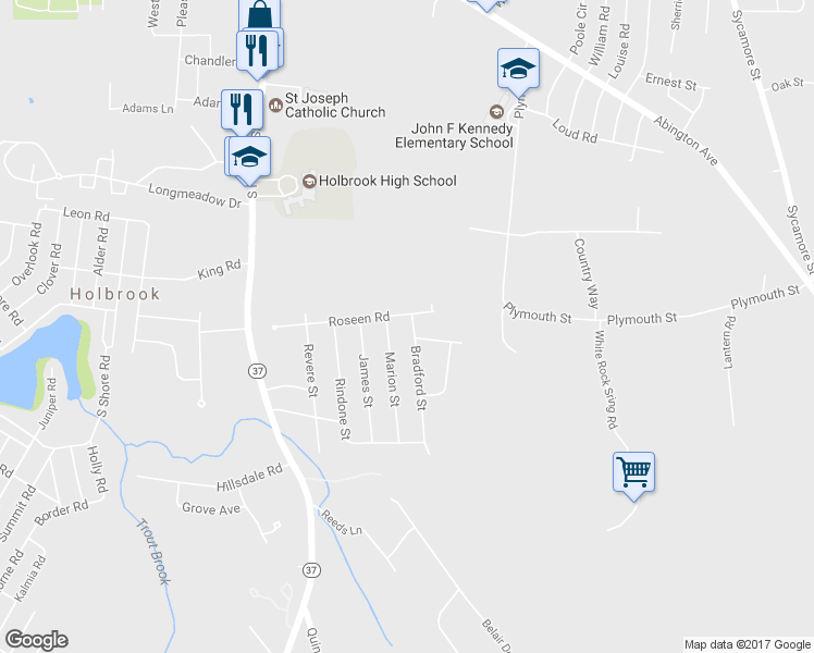 map of restaurants, bars, coffee shops, grocery stores, and more near 7 Bradford Street in Holbrook