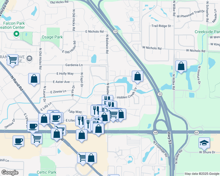 map of restaurants, bars, coffee shops, grocery stores, and more near 1731 East Hudson Bay in Palatine