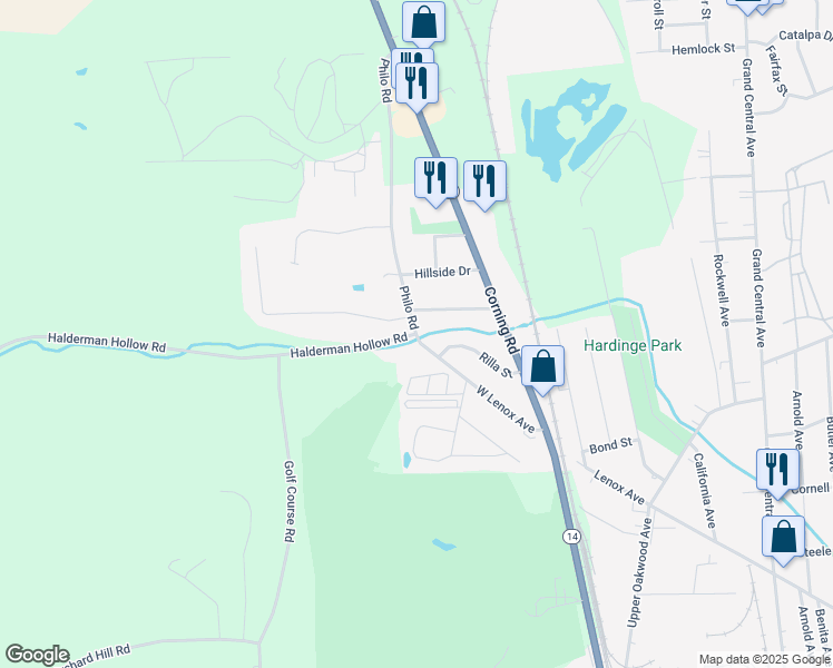 map of restaurants, bars, coffee shops, grocery stores, and more near Halderman Hollow Road & West Lenox Avenue in Elmira