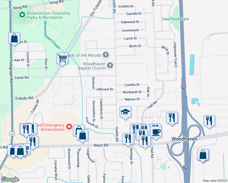 map of restaurants, bars, coffee shops, grocery stores, and more near 22411 Hillcrest Drive in Trenton