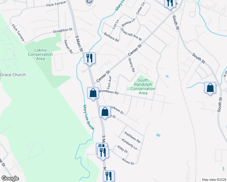 map of restaurants, bars, coffee shops, grocery stores, and more near 20 Woodlawn Road in Randolph