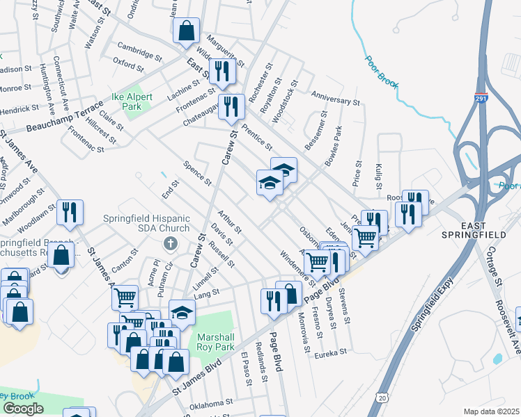 map of restaurants, bars, coffee shops, grocery stores, and more near 24 Bowles Park in Springfield