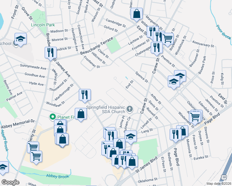 map of restaurants, bars, coffee shops, grocery stores, and more near 141 West Canton Circle in Springfield