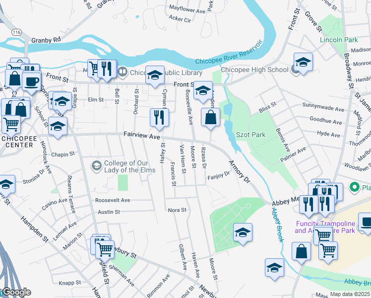 map of restaurants, bars, coffee shops, grocery stores, and more near 17 Van Horn Street in Chicopee