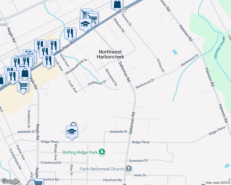 map of restaurants, bars, coffee shops, grocery stores, and more near 2314 Hunters Ridge Dr in Erie