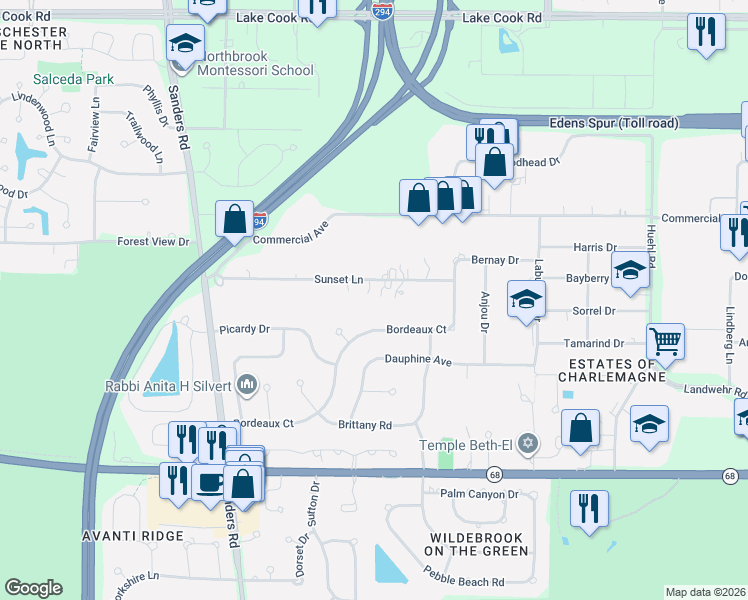 map of restaurants, bars, coffee shops, grocery stores, and more near 3855 Sunset Lane in Northbrook